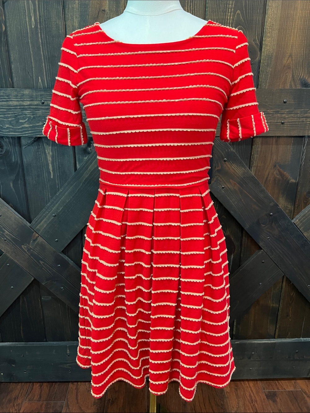 Anthropologie Bordeaux Red Cream Stripe Pleated Dress S ASO TV Coquette Twee